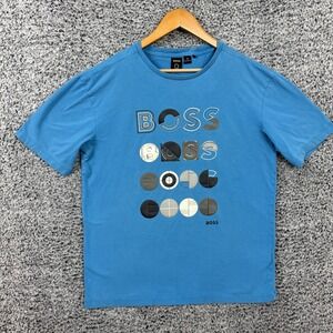 Boss Shirt Mens Large Blue Logo Graphic Tee Circle Print Cotton Crewneck